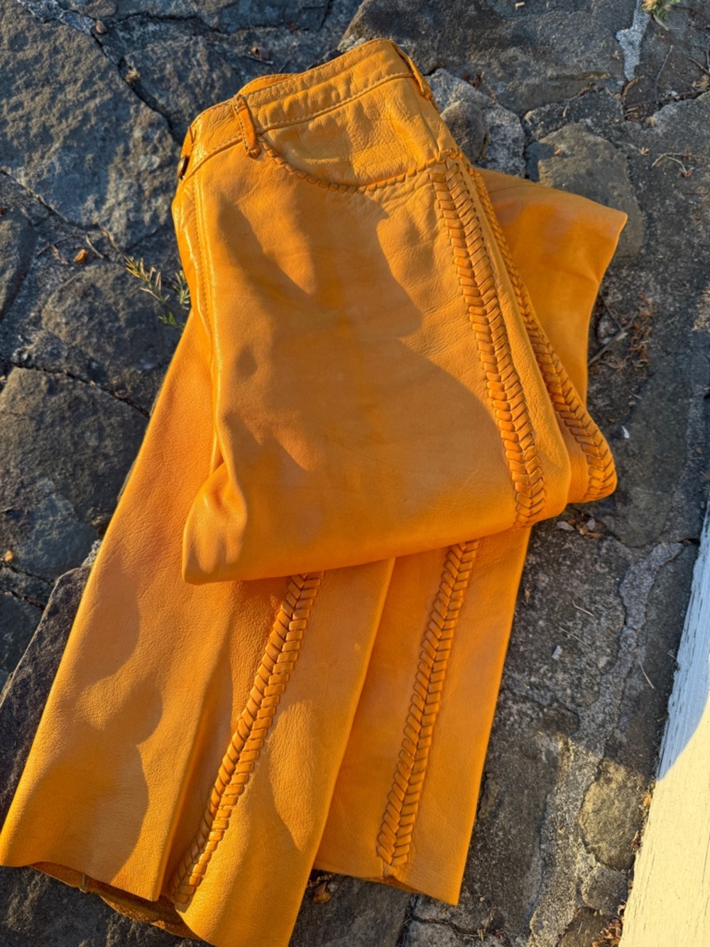 Vintage Custom Braided Detail Mustard Yellow Lambskin Leather Pants